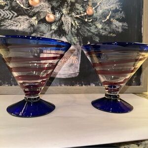 Kosta Boda Hand Blown Royal Caribbean Martini Desert Glass' Red Swirl Blue Rim
